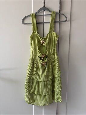 Lime Green Pleated Tiered Mini Dress